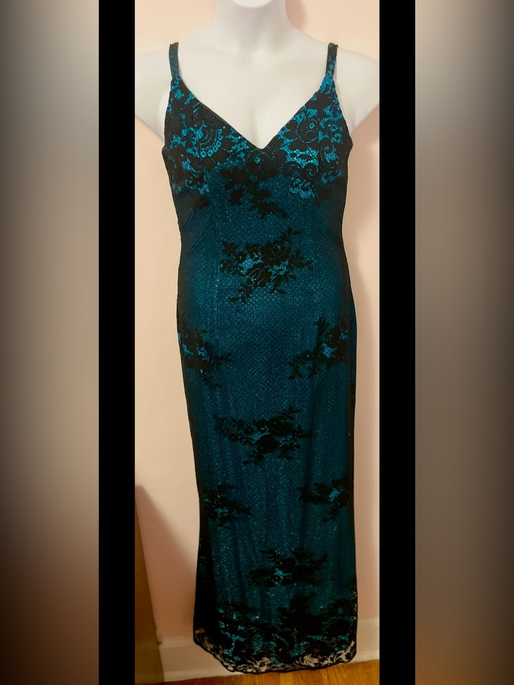 Vintage Donna by Antonio Enne Teal Glitter & Black Lace Dress Size 8